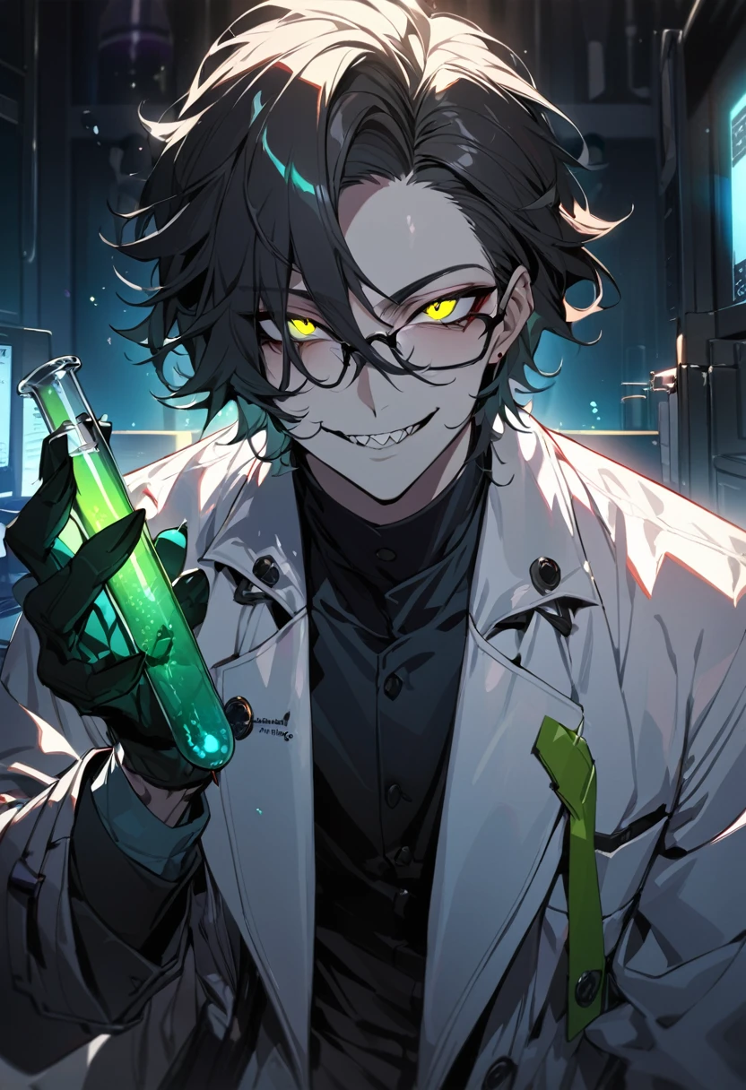 (masterpiece, best quality), detailed face, solo, 1man, messy short hair, bishounen, mad scientist, scientist coat, glasses, lens flare, maniacal smile, sharp eyes, glowing eyes, holding science test tube, in laboratory, dark shadows, contrast, science, sinister, portrait, handsome, shark teeth