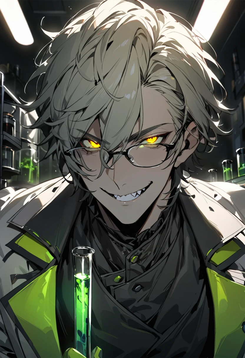 (masterpiece, best quality), detailed face, solo, 1man, messy short hair, bishounen, mad scientist, scientist coat, glasses, lens flare, maniacal smile, sharp eyes, glowing eyes, holding science test tube, in laboratory, dark shadows, contrast, science, sinister, portrait, handsome, shark teeth
