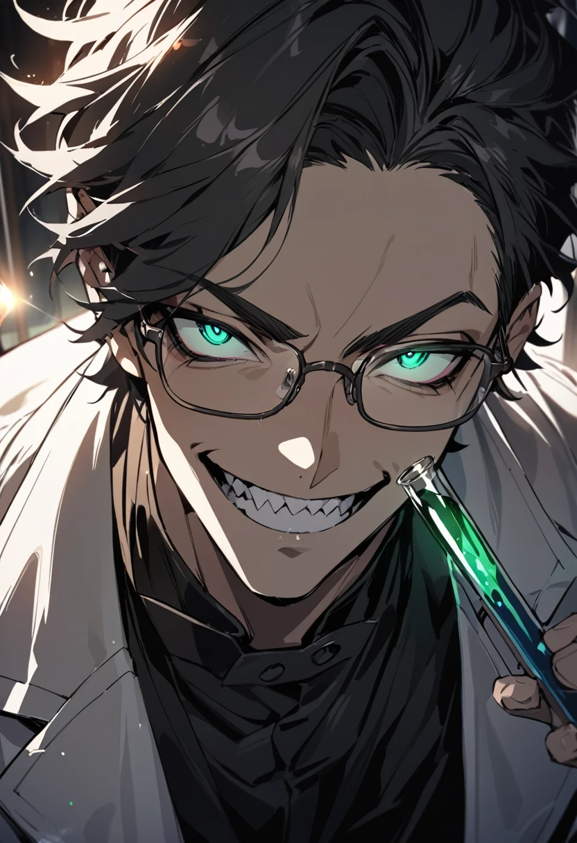 (masterpiece, best quality), detailed face, solo, 1man, messy short hair, bishounen, mad scientist, scientist coat, glasses, lens flare, maniacal smile, sharp eyes, glowing eyes, holding science test tube, in laboratory, dark shadows, contrast, science, sinister, portrait, handsome, shark teeth
