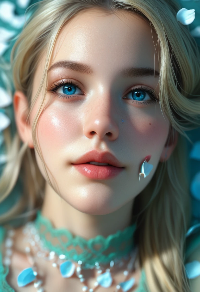 score_9, score_8_above, score_7_above, 1girl, realistic, Girl's profile picture, blonde green long hair with bangs, light blue petals on cheeks, blue_eyes, realistic skin texture, detailed picture, close-up, HD32k