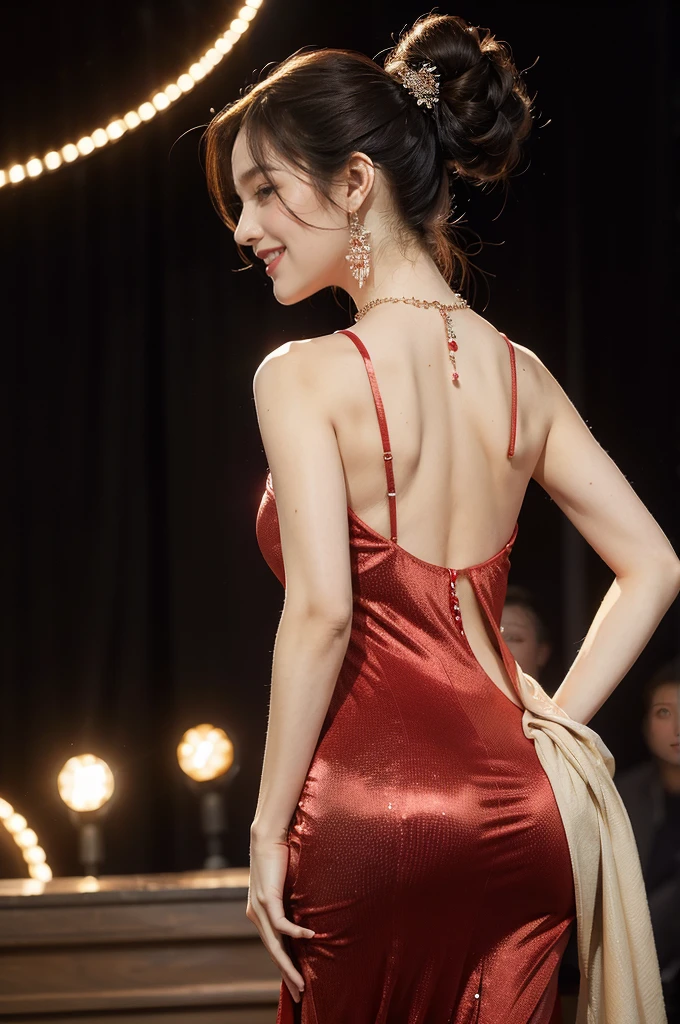 (((best quality))),(((ultra detailed))),(((masterpiece))),illustration, 1girl,singer,solo,short ponytail,laughing,slim,thin,earrings,necklace,Maxi gorgeous sparkled red gown,slender legs,on the stage, performance, passion, confidence, elegance, lighting effects, decorations, audience, melodious voice, beautiful appearance, captivating performance,standing,((upper body,from back)),((bare back,towering hips,butt crack))
