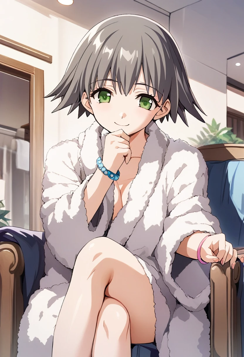 One girl,((Nozomi)),smile、Gentle expression,,(bathrobe:1.5),(bracelet:1.4),(crossed legs:1.4),(cleavage:0.4),(living room:1.4),Green lace string panties,panty shot,looking viewer,from below,A complete depiction of the human body,masterpiece, Highest quality, Game CG, ultra detailed、highres、extremely detailed CG 