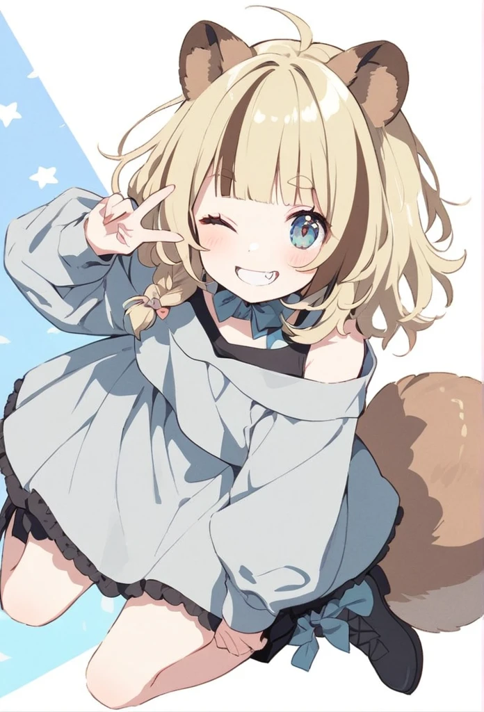anime,(pale colors:1.8),long shot, 1girl, (on right:1.3), full body, solo, grin, smile, closed eyes, dynamic angle, jumping high, paw pose, fang, tongue, light yellow hair, racoon ears, racoon tail, (brown streaked hair:1.3), side braid, (blunt bangs), wavy hair,thick eyebrows, off shoulder clothes, cutout, heart background,