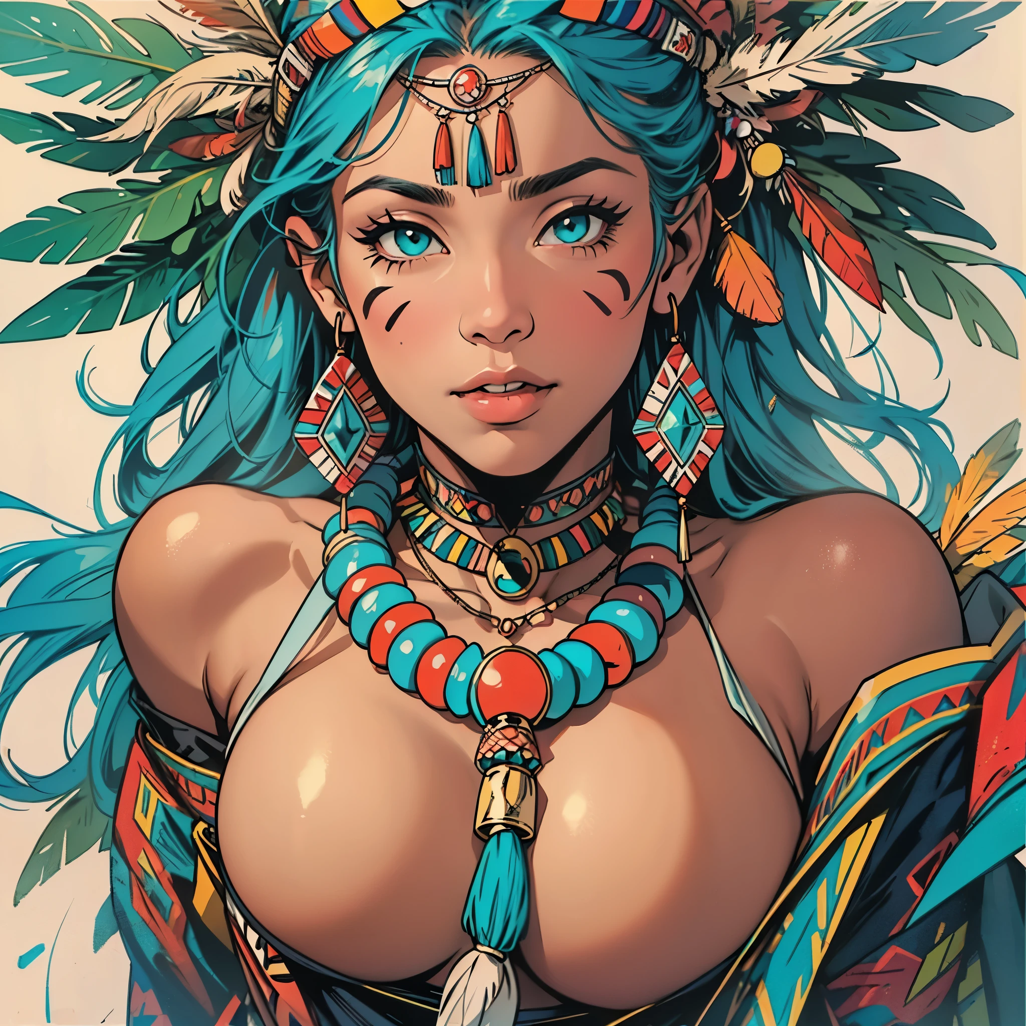 (((ultimate best quality))),((((solo:1.12)))),((((1girl:1.12)))),((((beautiful perfect woman)))),(((detailed perfect body, detailed perfect finger,detatiled perfect face))),(((bust up, close up))),(((((American comics))))),(((extreme highlights))),(((Extremely colorful, primary colors))),(cleavage, big breast)),(((perfect beautiful lady))),((((various angles))),((((detailed Indian,Tribe, Navajo,complicated feather ornament)))),((((black skin)))),(((indigenous peoples))),(detailed,turquoise,Ivory Necklace),native Americans