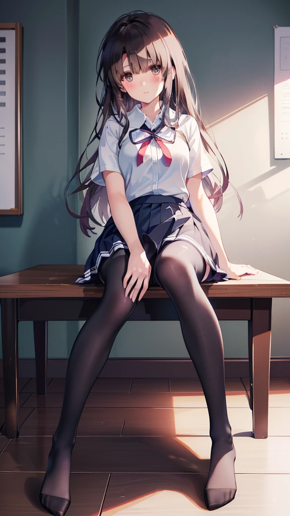 (8K、Best image quality、Highest quality、masterpiece)、One tall girl、((whole body))、Sit on the floor with your legs spread、White panties are visible、Long Hair、Wavy Hair、blush、Medium Bust、White collared shirt、Short sleeve、((Checkered pleated mini skirt))、Classroom Background、((black tights))、Black Pantyhose、((No shoes))