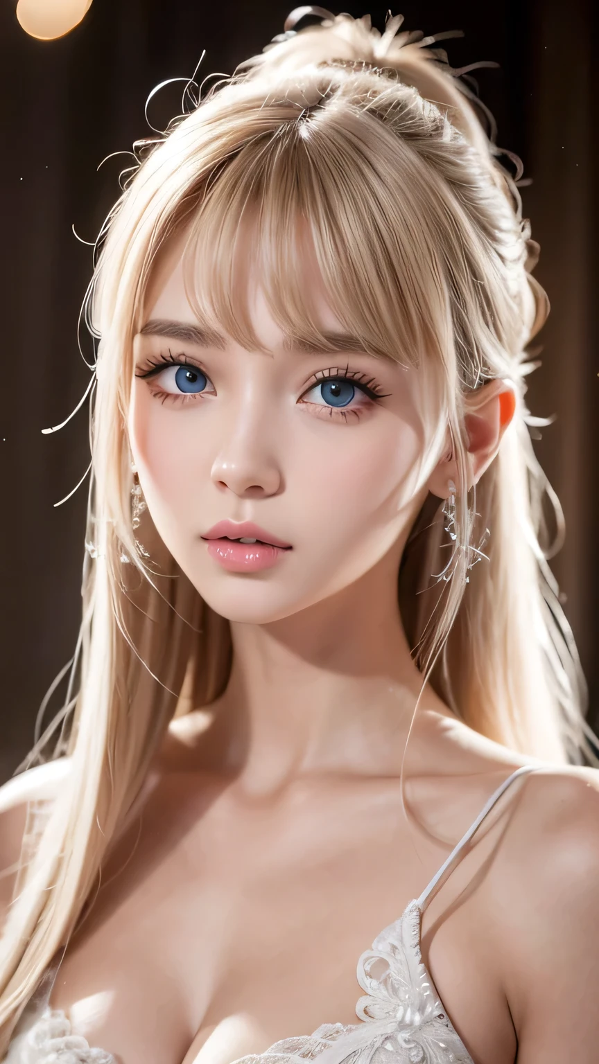 Portrait、、Bright expression、ponytail、Young, lustrous, glowing, white skin、Cheek highlight、The best beauty、Clear, silky blonde hair with dazzling highlights、Shiny bright hair,、Super long silky straight hair、Shiny beautiful bangs、Big bright blue eyes like sparkling jewels、Very beautiful lovely cute girl、Ample Bust