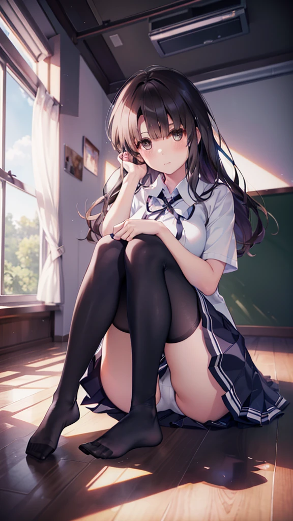 (8K、Best image quality、Highest quality、masterpiece)、One tall girl、((whole body))、Sit on the floor with your legs spread、White panties are visible、Long Hair、Wavy Hair、blush、Medium Bust、White collared shirt、Short sleeve、((Checkered pleated mini skirt))、Classroom Background、((black tights))、Black Pantyhose、((No shoes))