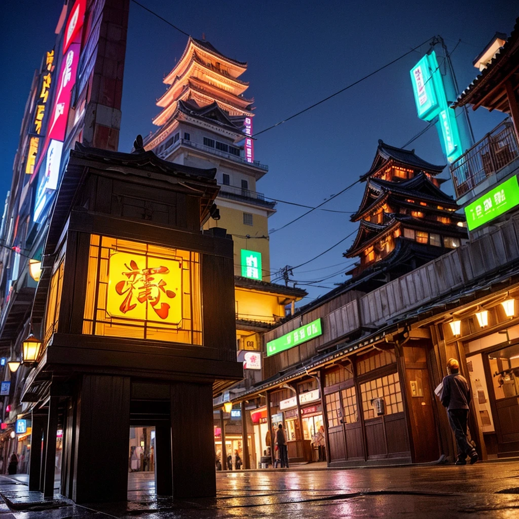 Glowing pale (Neon Light:1.2) Himeji Castle World Heritage Site at Night, Glowing pale (Black light:1.2) Himeji Castle at night is a national treasure of Japan, break ((Highest quality, 8K))