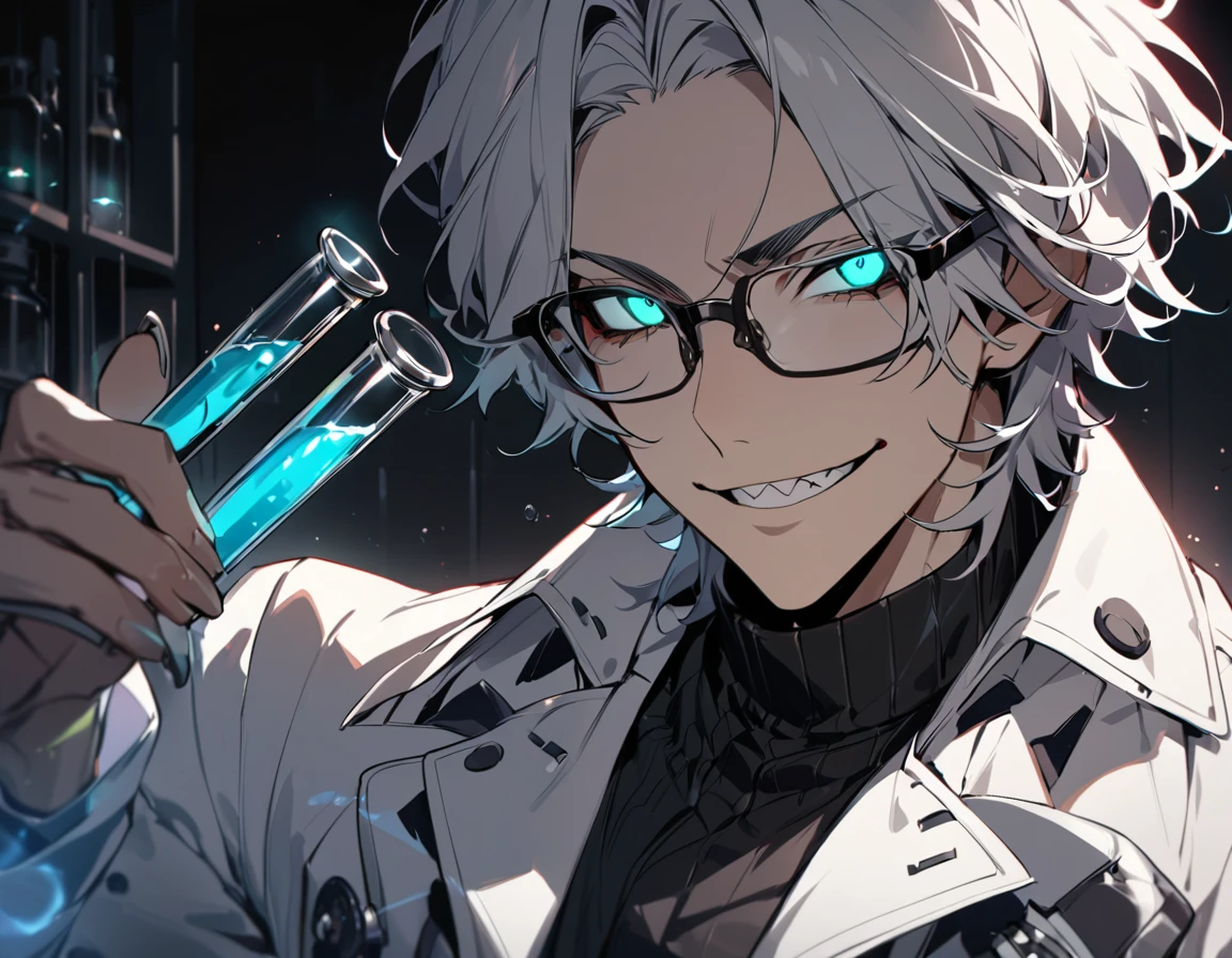 (masterpiece, best quality), detailed face, solo, 1man, messy short hair, bishounen, mad scientist, scientist coat, glasses, lens flare, maniacal smile, sharp eyes, glowing eyes, holding science test tube, in laboratory, dark shadows, contrast, science, sinister, portrait, handsome, shark teeth