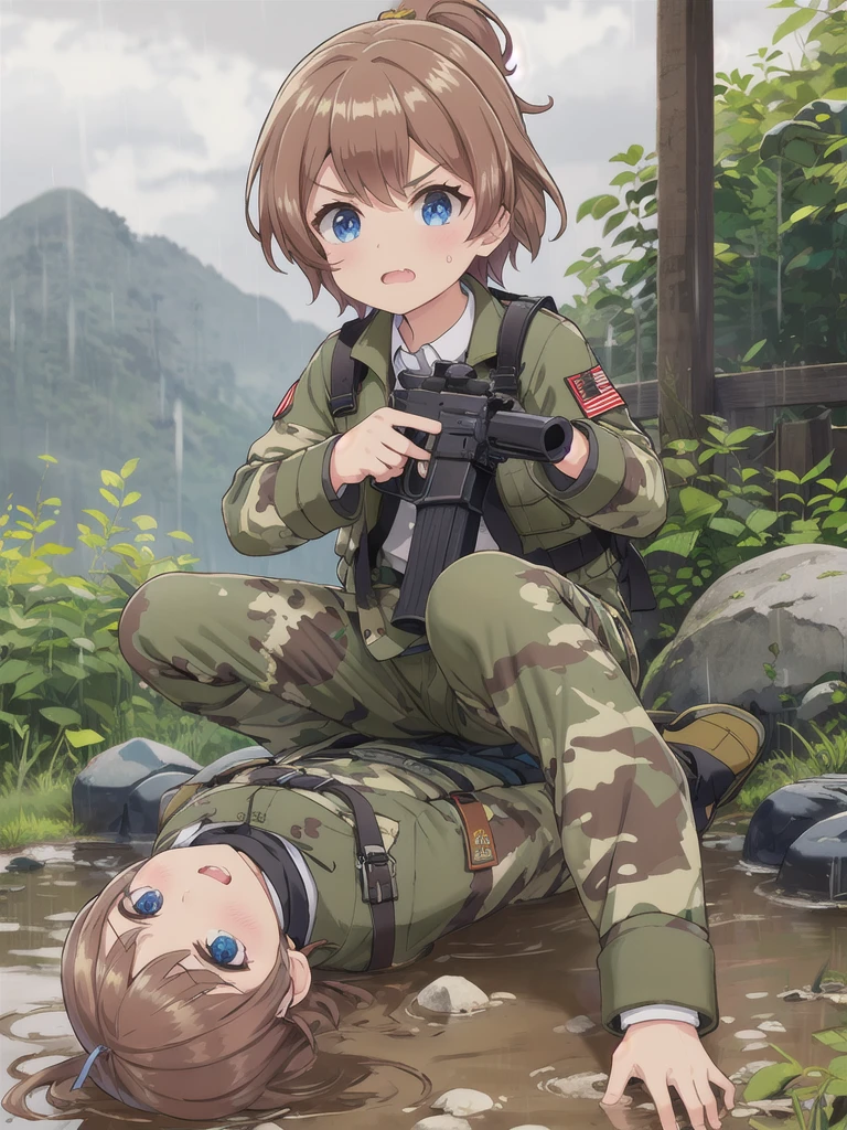 high quality,masterpiece,************,blue eyes,Outdoor,顔 focus,Brown Hair, short hair, ponytail,Military camouflage uniform,Green helmet,heavy rain,In the mountains,cloudy,Muddy clothes,He has a gun,Crawling on the ground,Point the gun this way,serious,Ruthless eyes,Intense gunfight,Massive explosion,Many corpses,