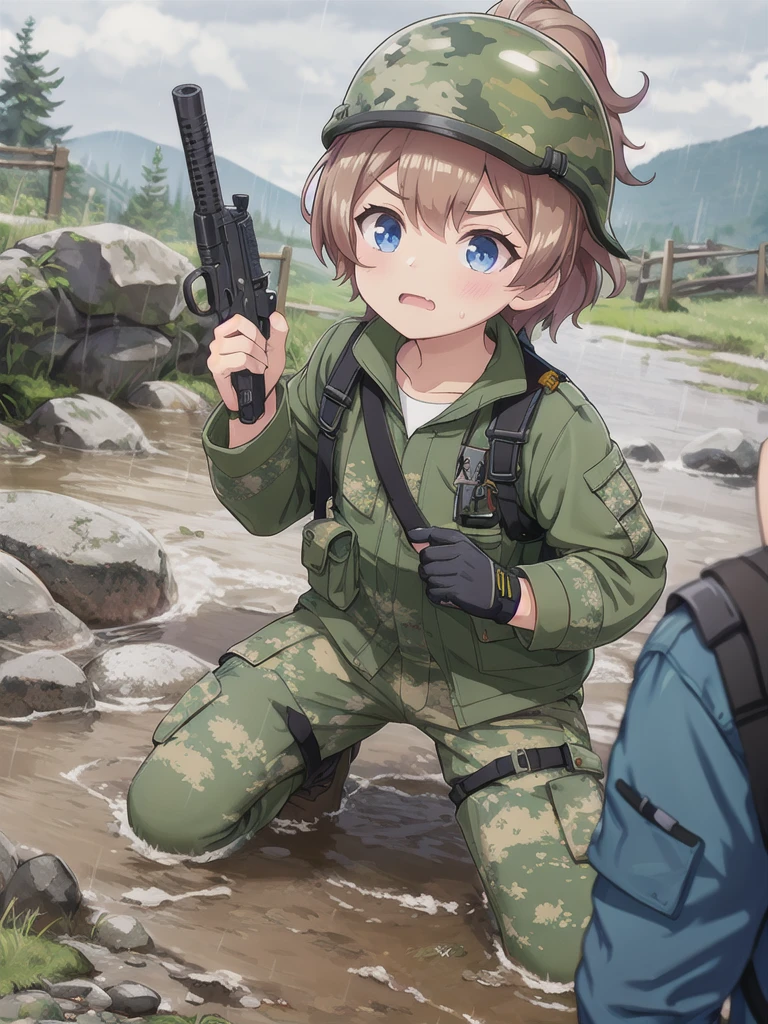 high quality,masterpiece,,blue eyes,Outdoor,顔 focus,Brown Hair, short hair, ponytail,Military camouflage uniform,Green helmet,heavy rain,In the mountains,cloudy,Muddy clothes,He has a gun,Crawling on the ground,Point the gun this way,serious,Ruthless eyes,Intense gunfight,Massive explosion,Many corpses,