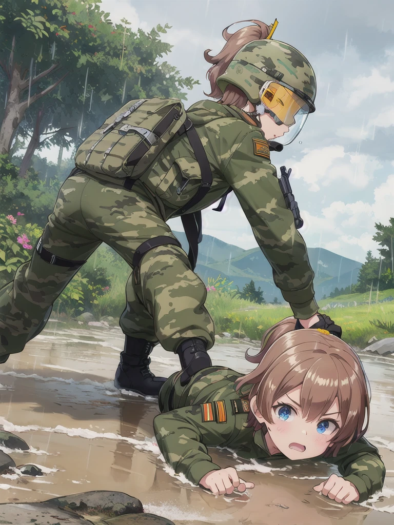 high quality,masterpiece,,blue eyes,Outdoor,顔 focus,Brown Hair, short hair, ponytail,Military camouflage uniform,Green helmet,heavy rain,In the mountains,cloudy,Muddy clothes,He has a gun,Crawling on the ground,Point the gun this way,serious,Ruthless eyes,Intense gunfight,Massive explosion,Many corpses,