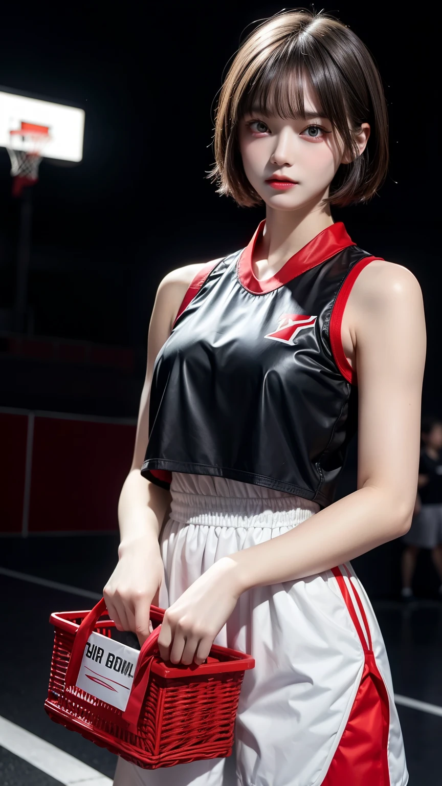 masterpiece, best quality, 1girl, solo, EPfeNil, short hair, black hair, red eyes, hair between eyes, holding basket, oversized basketball vest, air_jordan_1, basketball court, outdoors, skyline, night sky, night,