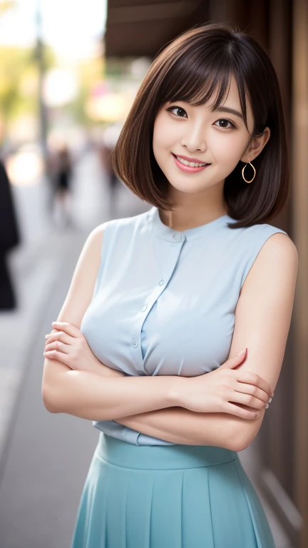 (masterpiece)、(Highest quality:1.5)、(Photorealistic:1.2)、(Surreal), (High resolution), (Realistic), (Post-processing),(Sharp focus), Sharp focus:1.2,Backlight, (Improvement of quality:1.4), Healthy thighs、(Narrow waist)、Big Ass、((Perfectly detailed five-fingered hands)),(Anatomically correct body)、((1 female:1.4))、Japanese、Realistic Skin、(Small chest:1.4)、Bust size is A cup、Pretty woman with perfect figure:1.4,(from the front:1.5), (Enhances the beauty of skin texture:1.1),No makeup、美しいBlack Hair、The best smile、Natural color lip、(Small Mouth:1.4)、(Oval Face)、Even bangs、Hide eyebrows with bangs、((29-year-old woman))、Bob Hair、Hair blowing in the wind, (Black Hair, Iris, Watery eyes, Shining Eyes, Bob Cut Hair, Small earrings,), Hair behind the ear、No makeup、(Drooping eyes)、Drooping eye corners、whole body、(((One lovely woman)),((A big friendly smile)),(( Small breasts,Small breastsの谷間)),((((Plump Cheeks)))),((whole body:1.5)),A woman standing in the streets Ginza、Wearing a white blouse、She is wearing a light blue Flared skirt、Wear pumps、The wind is blowing,