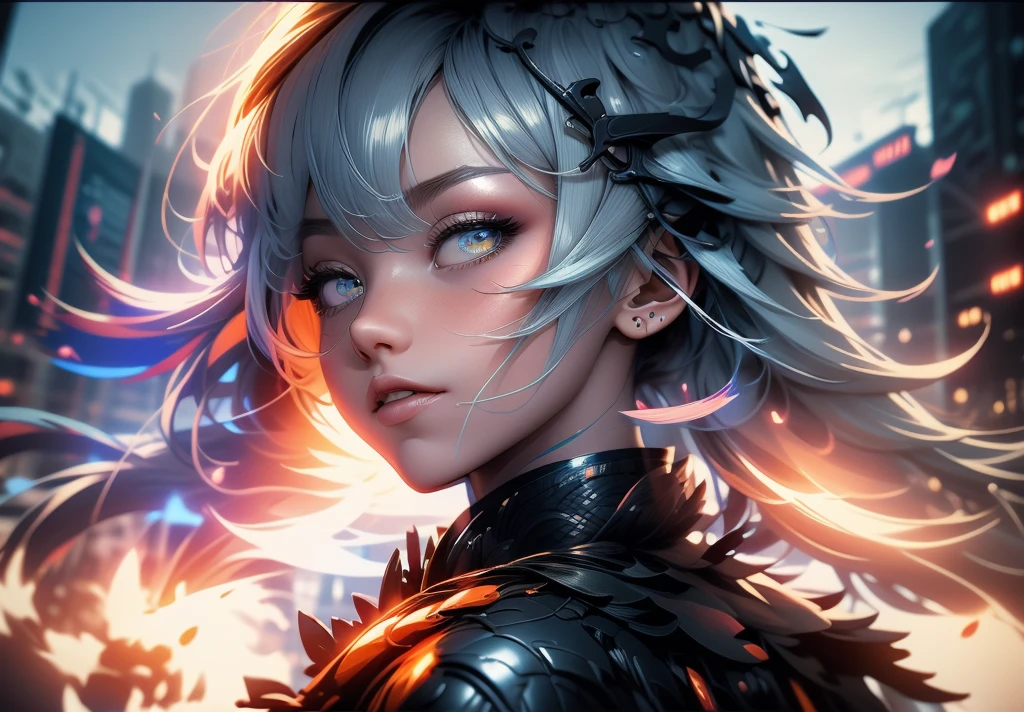 3D impressionist illustration, Masterpiece, ダークファンタジー, High Contrast, A Russian girl in her early 20s with ash grey hair, Ultra-near-future weapons, Full body portrait, Uplifting, A futuristic city in the background, Gorgeous, A night view smattering with brilliant colors