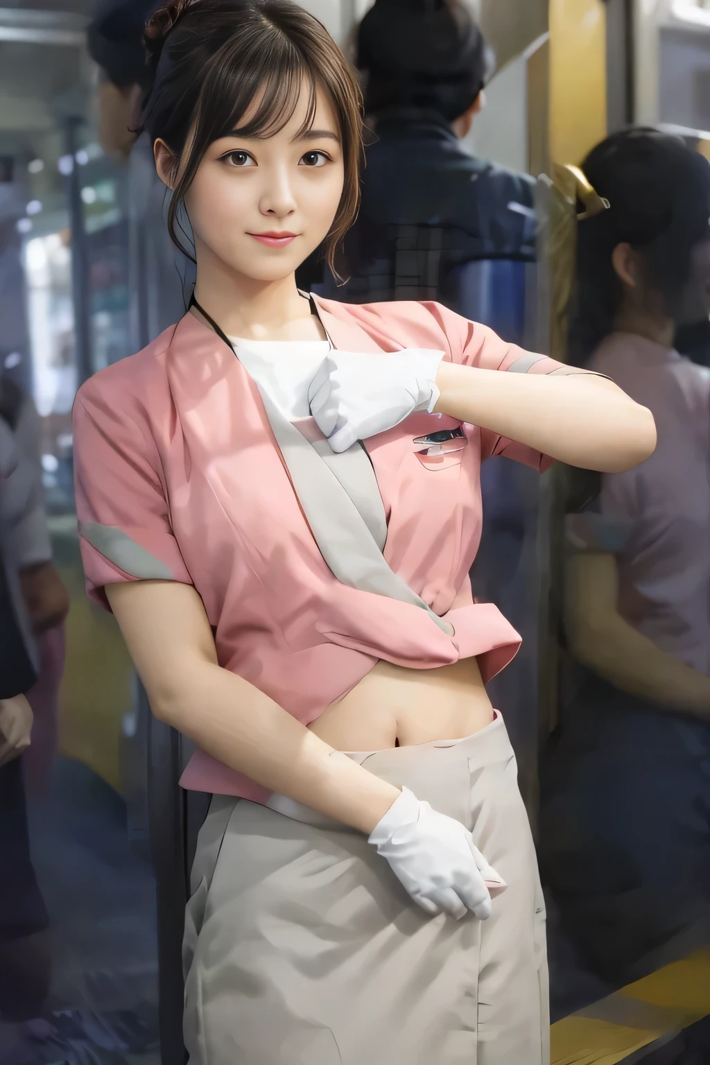 Showing your belly button、(masterpiece:1.2, Highest quality:1.2), 32k HDR, High resolution, (alone、1 girl)、 (Height: 160cm)、（On the rooftop of a building in the daytime、Professional Lighting）、Building rooftop background、（Nankai train crew uniform pinkを着たリアルスタイル）、（Nankai train crew uniform pink short sleeve collarless pink jacket、Nankai Train Crew Uniform Pink Collarless Short Sleeve Blouse、Nankai Train Crew Uniform Pink Grey Knee-length Culottes）、（The pink jacket is showing from the culottes.）、Dark brown hair、（Hair tied up、Hair tied up、Evening curly hairstyle）、Dark brown hair、Long Shot、Big Breasts、Thin legs、（（Great hands：2.0）），（（Harmonious body proportions：1.5）），（（Normal limbs：2.0）），（（Normal finger：2.0）），（（Delicate eyes：2.0）），（（Normal eyes：2.0））)、smile、（Nankai Train Crew Uniform Pink Grey Knee-length Culottesを見せた美しい歩く姿）、Place your hands around your stomach