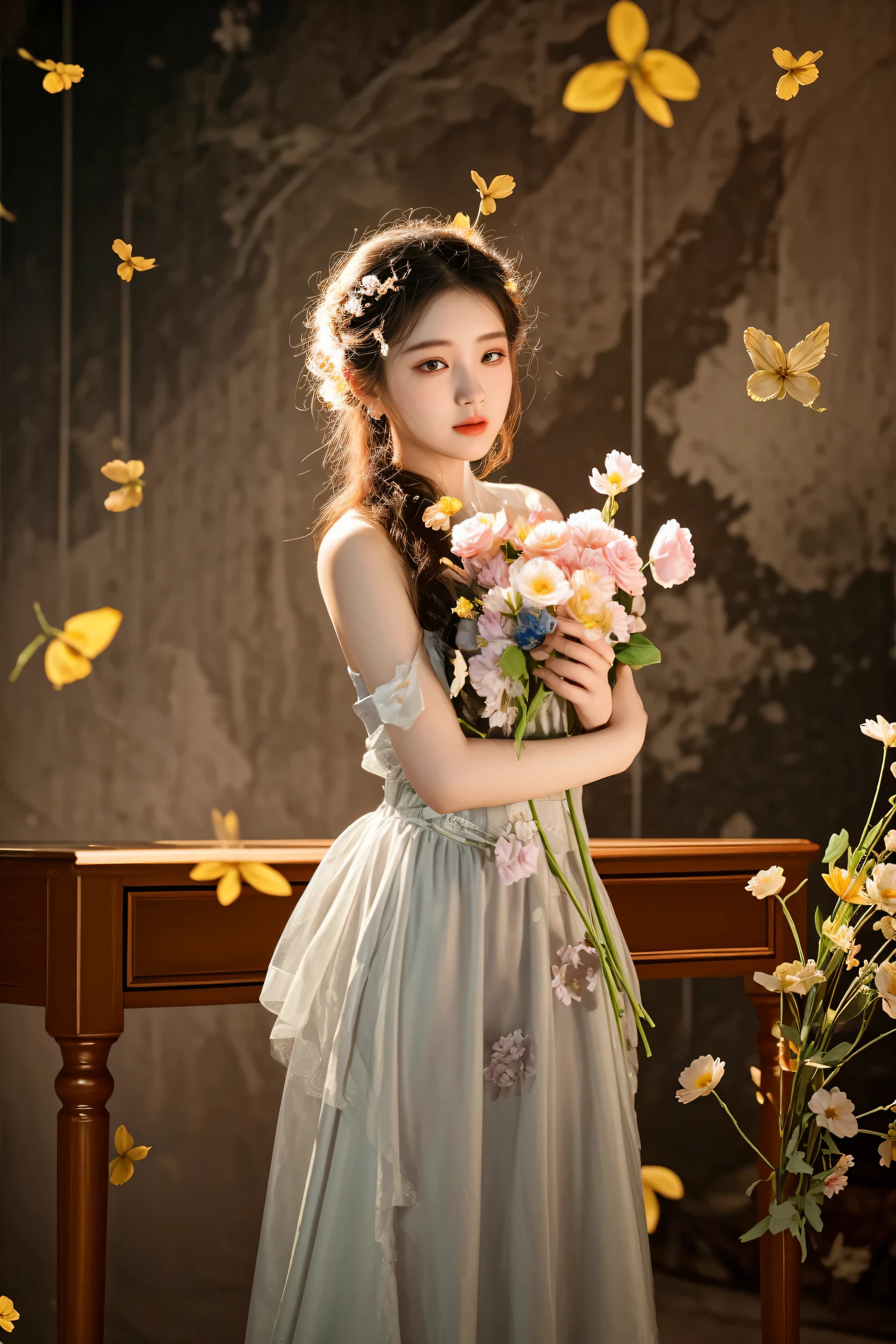 there is a woman in a dress holding a bouquet of flowers, a stunning young ethereal figure, jingna zhang, by Tang Sin Yun Sandara, photo taken with nikon d 7 5 0, photo taken with nikon d750, by Yu Zhiding, lady with glowing flowers dress, with flowers, by Jin Nong, sha xi, by Chen Lin