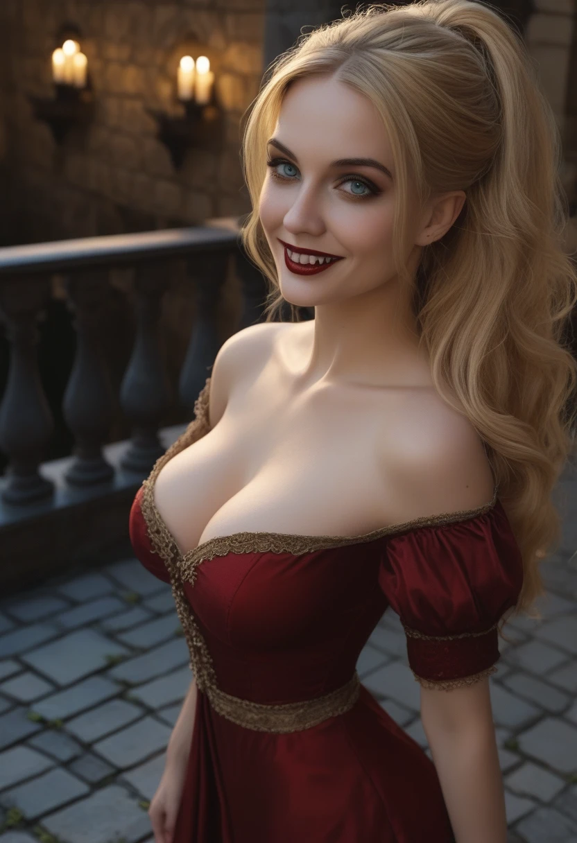 Cara Delevingne, score_9, score_8_above, score_7_above, 1girl, large_breasts, royal_garden, medieval_castle, elegant_green_dress, off_shoulder_dress, evil_smile, cute_woman, blonde, long_hair, side view, from_above, night, moonlight, cinematic film still, RAW photo, perfect lighting, volumetric lighting, Galadriel, stuning, goddess, (vampire:1.5), blue_eyes