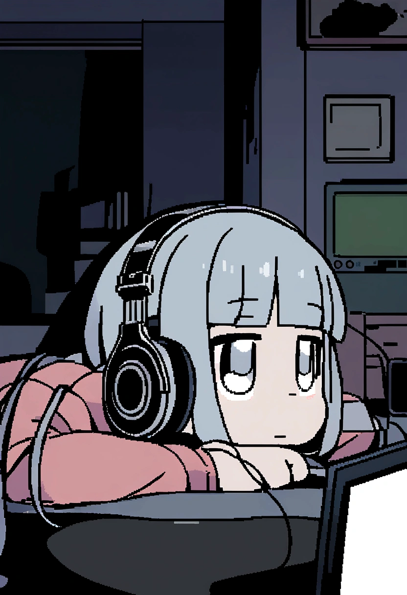 night、Girl listening to music in a cozy room, Using headphones, 2D-style animation, Lo-Fi, hard disk, Dark Environment