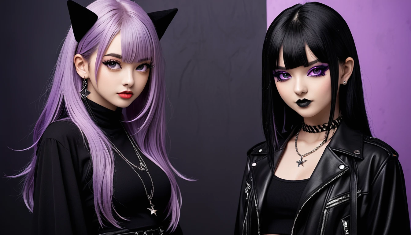 a beautiful young woman with long purple hair, striking black eyeshadow, and a confident, alluring expression, wearing a stylish purple and black outfit, posing with another girl who has short black hair, a cute and playful "UwU" expression, and an edgy e-girl aesthetic, both standing in front of a shadowy background with mystical wizard-like figures and a sense of urban swagger