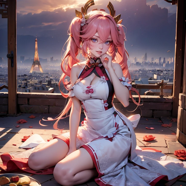 Pink hair, long hair, flowing hair, twintails, pin hair, flower details on her dress,ornament hair, cat ears, perfectly body, perfectly hands,  flowing hair, maid, white maid dress, white maid headdress, maid apron, white apron, holding her skirt, Paris scenery, Eiffel tower on the background, seat, red roses on focus, lantern, more detailed background, Chinese maid dress, white dress, more details on her clothes, white dress with transparency, golden details on her clothes, night, smiling, ((4k, masterpiece, top-quality)),8k, best quality, high resolution, HD, (illustration:0.8), super cute girl, delicate and beautiful face, mature girl, super cute hairstyle, (beautiful detailed eyes:1.6), extremely detailed face, perfect lighting, extremely detailed CG, (perfect hands, perfect anatomy), Best quality, cleavage, small skirt, full Body, two arms, two legs, two hands, five fingers