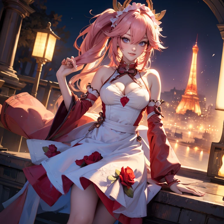 Pink hair, long hair, flowing hair, twintails, pin hair, flower details on her dress,ornament hair, cat ears, perfectly body, perfectly hands, flowing hair, maid, white maid dress, white maid headdress, maid apron, white apron, holding her skirt, Paris scenery, Eiffel tower on the background, seat, red roses on focus, lantern, more detailed background, Chinese maid dress, white dress, more details on her clothes, white dress with transparency, golden details on her clothes, night, smiling, ((4k, masterpiece, top-quality)),8k, best quality, high resolution, HD, (illustration:0.8), super cute girl, delicate and beautiful face, mature girl, super cute hairstyle, (beautiful detailed eyes:1.6), extremely detailed face, perfect lighting, extremely detailed CG, (perfect hands, perfect anatomy), Best quality, cleavage, small skirt, full Body, two arms, two legs, two hands, five fingers