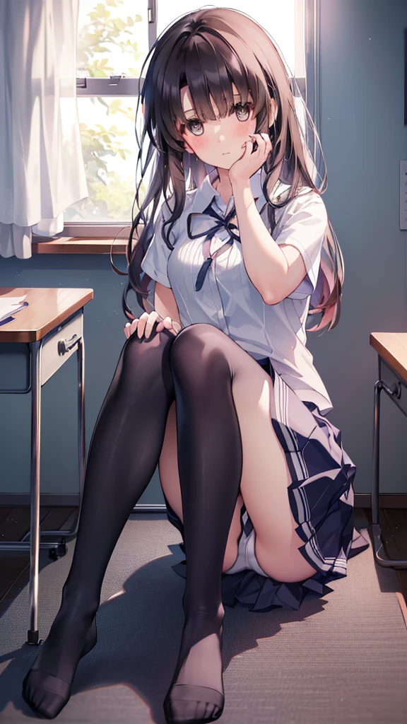 (8K、Best image quality、Highest quality、masterpiece)、One tall girl、((whole body))、Sit on the floor with your legs spread、White are visible、Long Hair、Wavy Hair、blush、Medium Bust、White collared shirt、Short sleeve、((Checkered pleated mini skirt))、Classroom Background、((black tights))、Black PantyhoNo shoes))