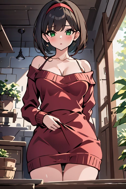 (from below:1.2), (perky chest:1.2), (pointed chest:1.2), 1girl, Bust A Cup, Amazing Cleavage:1.1, thin waist, big ass, Raised cute, small breast: 1.1 posed cleavage:1.2、solo, looking at viewer, have a cute glass of cute beer glass,black hair, dark green eyes, dress, bare shoulders, jewelry, collarbone, side locks, hairband, earrings, indoors, off shoulder, arms behind back, plants, short hair with long locks, gild hairband, off-shoulder dress, sweater dress, off-shoulder sweater, red sweater, dark gold hair, big side hair, very long side hair,is rendered in (masterpiece: 1.2, best quality), with (ultra high resolution) and an exquisite (depth of field). This masterpiece is not only visually stunning but also tells,A scene of cooking in the kitchen
