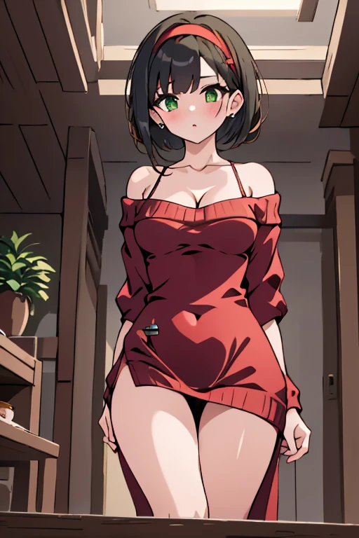 (from below:1.2), (perky chest:1.2), (pointed chest:1.2), 1girl, Bust A Cup, Amazing Cleavage:1.1, thin waist, big ass, Raised cute, small breast: 1.1 posed cleavage:1.2、solo, looking at viewer, have a cute glass of cute beer glass,black hair, dark green eyes, dress, bare shoulders, jewelry, collarbone, side locks, hairband, earrings, indoors, off shoulder, arms behind back, plants, short hair with long locks, gild hairband, off-shoulder dress, sweater dress, off-shoulder sweater, red sweater, dark gold hair, big side hair, very long side hair,is rendered in (masterpiece: 1.2, best quality), with (ultra high resolution) and an exquisite (depth of field). This masterpiece is not only visually stunning but also tells,A scene of cooking in the kitchen