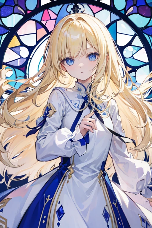 １People Girl　Background night stained glass　Long blonde　White long sleeve dress　Deep blue eyes　Expressionless　Lightless eyes