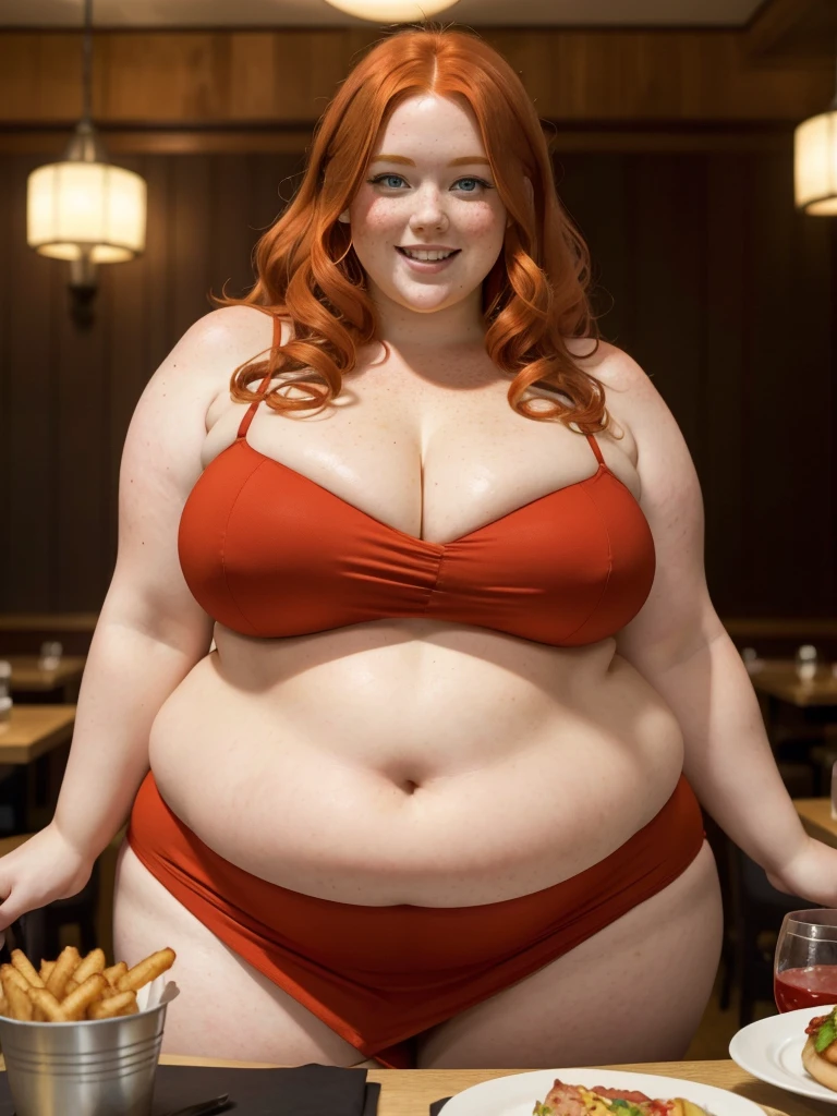 A happy photo of a young beautiful redhead bbw with long wavy ginger hair soft fat belly, wide fat obese hips, thick fat legs and fat arms, cute pretty face, blue eyes, freckles, in a red covering dress, eating a giant burger in a Fancy restaurant