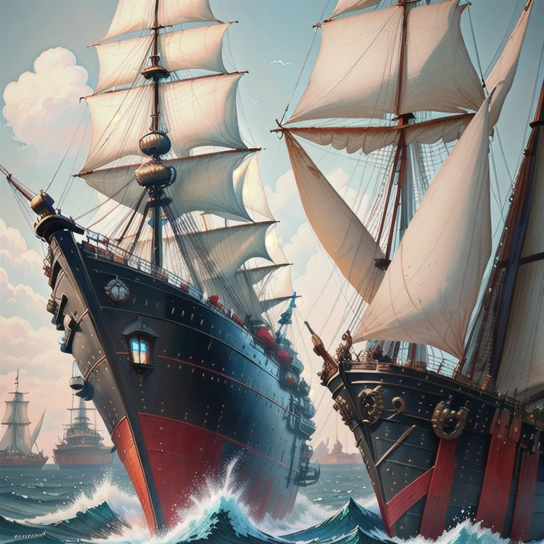 A ship with many sails, Surrealist sculptures by Arthur Pang, Polycount Contest Winners, cloisonne, Ships of the line, very Very detailed, British warships, Poop at the stern、１００Gate cannon、Weta Studios and James Jean, Deep Sea Sculpture, Fantasy Highly detailed, One Piece Ship Voyage, Very detailed, Very detailed
