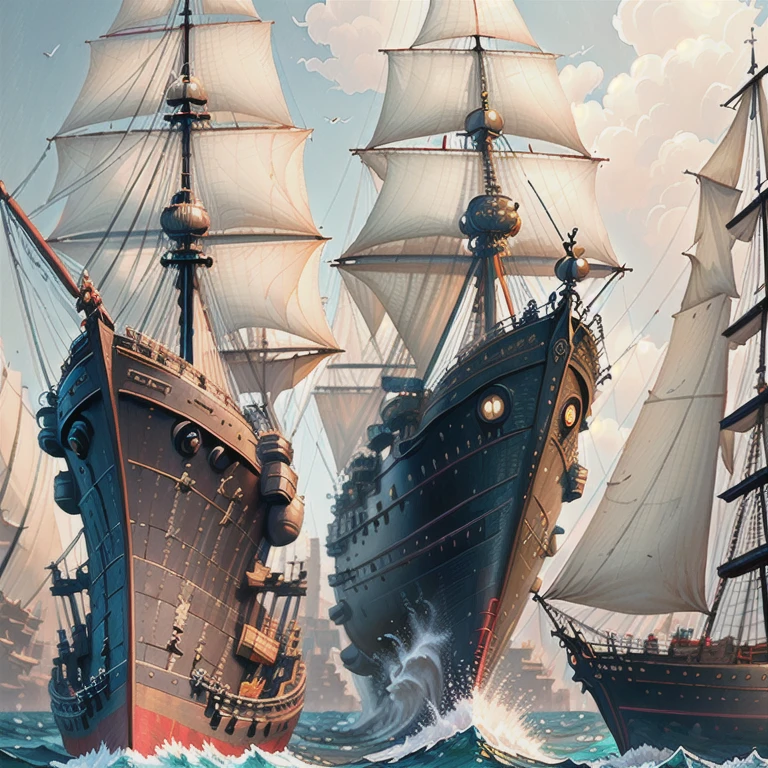 A ship with many sails, Surrealist sculptures by Arthur Pang, Polycount Contest Winners, cloisonne, Ships of the line, very Very detailed, British warships, Poop at the stern、１００Gate cannon、Weta Studios and James Jean, Deep Sea Sculpture, Fantasy Highly detailed, One Piece Ship Voyage, Very detailed, Very detailed