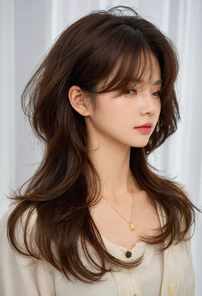 Best Quality, 8k, Masterpiece, (Portrait: 1.3), (photo realistic:1.4), (hyper realistic:1.4), Sharp Focus, looking at viewer, (smoother lighting:1.1), (increase cinematic lighting quality:0.9), realistic lighting, backlighting, light on face, ray trace, (brightening light:1.2), (Increase quality:1.4), sharp detail, (best quality real texture skin:1.4), finely detailed eyes, black_eyes, finely detailed face, 25 year old Korean woman, (white formal_shirt:1.4), (Create an image maintaining the original base model hairstyle:1.5)