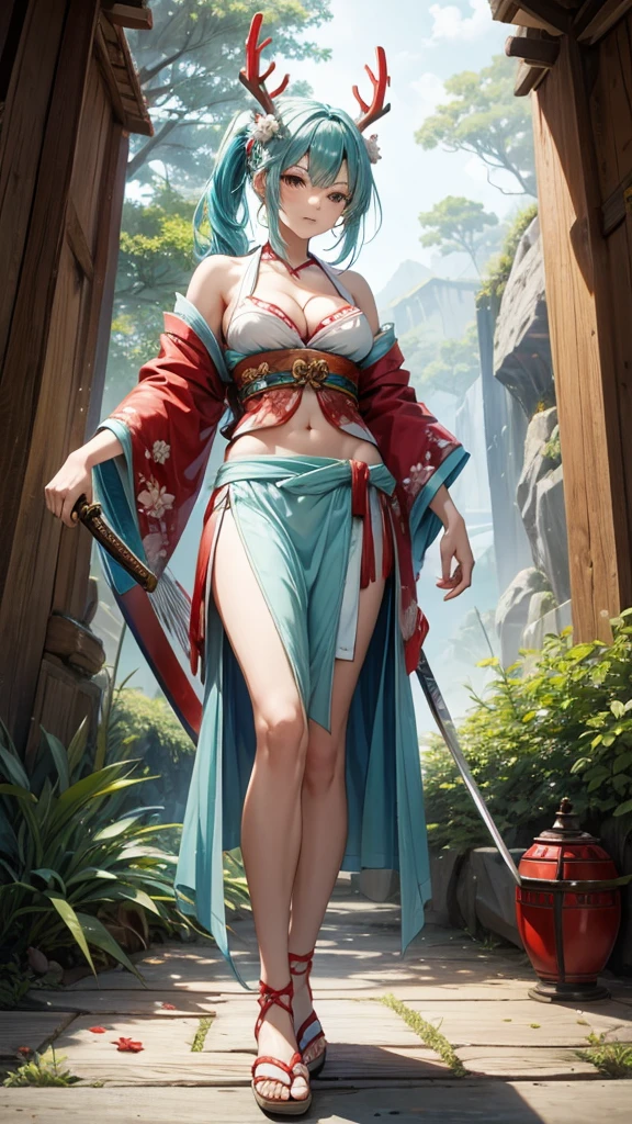 A close-up portrait of beautiful aurakasih wearing (boa hancock red costume:1.4), it exposed her breast and (irezumi tattoo:1.4) on her shoulders, bottomless, she looks sexy with droopy breast, slim body with skinny posture, blue eyes, brunette hair with traditional accesories, she hug her breast up when posing, when daylight, blue tones, vivis colors, warm atmosphere, wide angle, facing forward, dramatic background