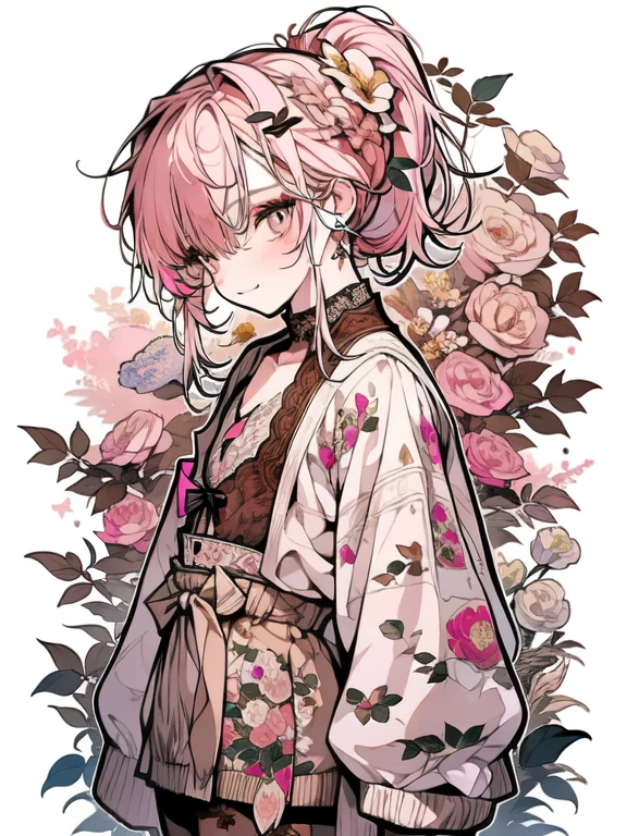 (Masterpiece), (Absurdres), (Best Quality), (Highres), (Perfect Anatomy), (Very Detailliert), (8K), (Strong Outline),
BREAK;
(Niji), (1Boy). (((Gold Eyes:1.3, Big Eyes, Bad Mood))), (((Seductive Smile))), Grin, (((Pale Pink Hair, Bangs:1.5, Ponytail, High Ponytail:1.3, Long Hair:1.5)), (Hair Pin, Many Hair Pin), ((Makeup, Red Eyeliner)), (Slender Body), (((Flat Chest:1.5))), (((Shirt, White Shirt, Lace Shirt, Lacel:1.5, Sleeves Rolled Up:1.3, Tie, Brown Tie, Short Tie))), ((Beige Knit Cardigan)), ((Brown Corset Skirt, MiniSkirt)), (((Brown Sheer Pantyhose))), (Thighs:1.1), ((Brown Shoes)), ((Deep Pink Nails)),
BREAK;
Five Fingers, v, Wide Mouth:0.9, (((Solo))), (Cowboy Shot), (Portrait), (Medium Shot), (Chest Close-Up), (Looking at Viewer), Slouched Posture, Head Tilt, Dutch Angle, (White BackGround, Flower BackGround:1.1, Floral Print:1.1, Floral BackGround:1.3),