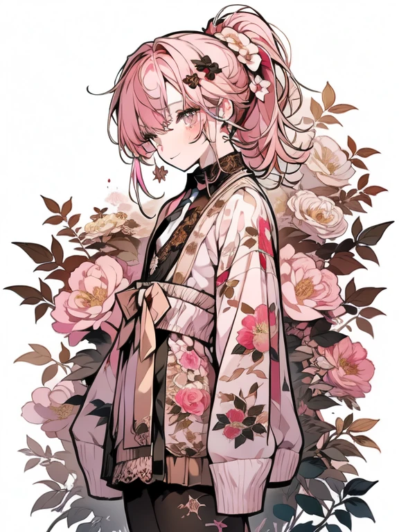 (Masterpiece), (Absurdres), (Best Quality), (Highres), (Perfect Anatomy), (Very Detailliert), (8K), (Strong Outline),
BREAK;
(Niji), (1Boy). (((Gold Eyes:1.3, Big Eyes, Bad Mood))), (((Seductive Smile))), Grin, (((Pale Pink Hair, Bangs:1.5, Ponytail, High Ponytail:1.3, Long Hair:1.5)), (Hair Pin, Many Hair Pin), ((Makeup, Red Eyeliner)), (Slender Body), (((Flat Chest:1.5))), (((Shirt, White Shirt, Lace Shirt, Lacel:1.5, Sleeves Rolled Up:1.3, Tie, Brown Tie, Short Tie))), ((Beige Knit Cardigan)), ((Brown Corset Skirt, MiniSkirt)), (((Brown Sheer Pantyhose))), (Thighs:1.1), ((Brown Shoes)), ((Deep Pink Nails)),
BREAK;
Five Fingers, v, Wide Mouth:0.9, (((Solo))), (Cowboy Shot), (Portrait), (Medium Shot), (Chest Close-Up), (Looking at Viewer), Slouched Posture, Head Tilt, Dutch Angle, (White BackGround, Flower BackGround:1.1, Floral Print:1.1, Floral BackGround:1.3),