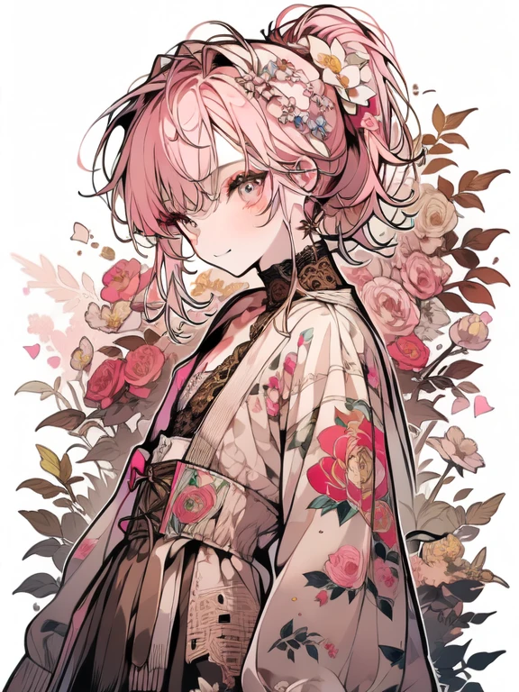 (Masterpiece), (Absurdres), (Best Quality), (Highres), (Perfect Anatomy), (Very Detailliert), (8K), (Strong Outline),
BREAK;
(Niji), (1Boy). (((Gold Eyes:1.3, Big Eyes, Bad Mood))), (((Seductive Smile))), Grin, (((Pale Pink Hair, Bangs:1.5, Ponytail, High Ponytail:1.3, Long Hair:1.5)), (Hair Pin, Many Hair Pin), ((Makeup, Red Eyeliner)), (Slender Body), (((Flat Chest:1.5))), (((Shirt, White Shirt, Lace Shirt, Lacel:1.5, Sleeves Rolled Up:1.3, Tie, Brown Tie, Short Tie))), ((Beige Knit Cardigan)), ((Brown Corset Skirt, MiniSkirt)), (((Brown Sheer Pantyhose))), (Thighs:1.1), ((Brown Shoes)), ((Deep Pink Nails)),
BREAK;
Five Fingers, v, Wide Mouth:0.9, (((Solo))), (Cowboy Shot), (Portrait), (Medium Shot), (Chest Close-Up), (Looking at Viewer), Slouched Posture, Head Tilt, Dutch Angle, (White BackGround, Flower BackGround:1.1, Floral Print:1.1, Floral BackGround:1.3),
