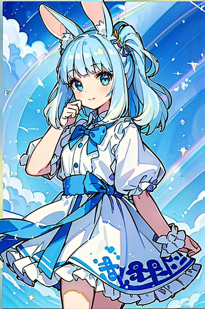 ((Best quality 1.2))、((Masterpiece 1.2))、Watercolor、((Fashionable clothes))、((Photographing a cute blue rabbit 1.5))、White((Rainbow Hair))