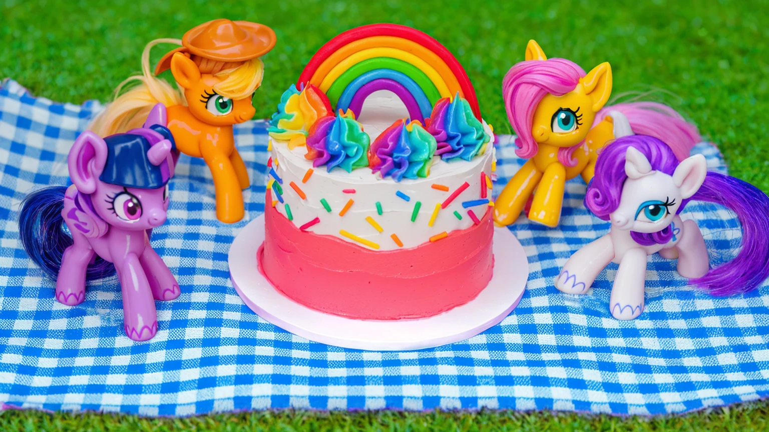 on the grass, on a pink checkered tablecloth. there is a white plate with cake, white and pink cream cake, Rainbow confectionery powder on the cake, top rainbow gradient cream, polymer clay rainbow, рядом стоят пластиковые pony toys из мультфильма My Little Pony, pony toys, purple pony with wing and horn, orange pony with hat and yellow hair, yellow pony with pink hair and wing, white pony with purple hair and horn. beautiful light, sunlight, sunny day, beautiful lighting, bright announcement, several light sources, Realistic style, realistic textures, high quality, high detail, detailed texture, ultra 4k hd