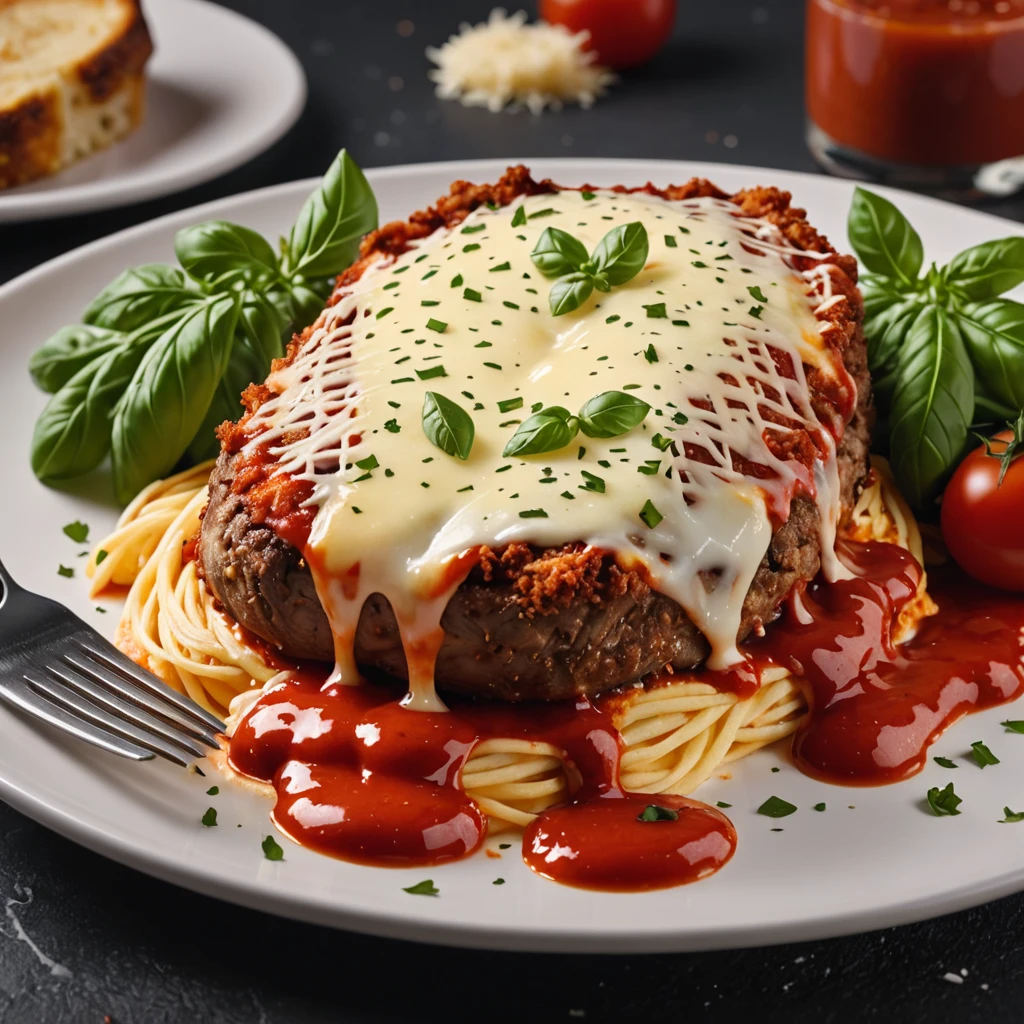 A 4K image of a steak parmigiana dish. The filet parmigiana is perfectly prepared, covered with a generous layer of melted cheese, and breaded, and a rich, vibrant tomato sauce. 