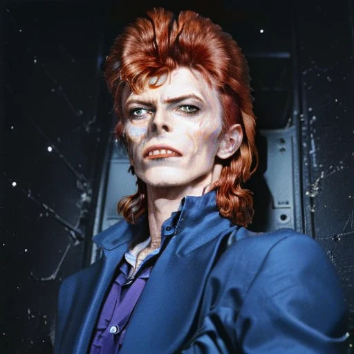 there is a man with a red hair and a blue shirt, an anime portrait of david bowie, portrait of david bowie, david bowie, space oddity, 8 0 s art, in style of 80s sci-fi art, david bowie as the joker, by Ray Howard-Jones, 8 0's vintage sci - fi style, iconic film character