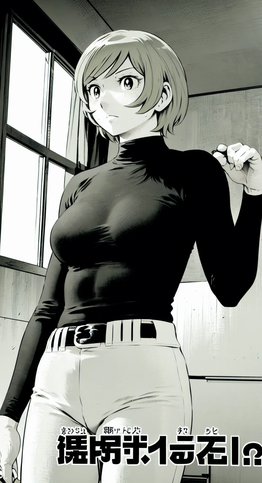 (野球uniform:1.2),
Blonde Hair, (short hair:1.2),Long sleeve, Black Shirt, turtleneck,White trousers、uniform、Black belt、((Illustration of people))、Big Boobs、
View Audience,, (Highest quality:1.3),One Girl, White pants、uniform、indoor、baseball 、White wall、blue eyes、Tight black shirt、(masterpiece、Highest quality)、Highest quality, Ultra-high resolution, (((masterpiece))), alone, Sweat、Big eyes、Big Breasts、One Girl, Front view、Embarrassed face、Bronze colored hair、((short hair))、Stand up straight、Cowboy Shot