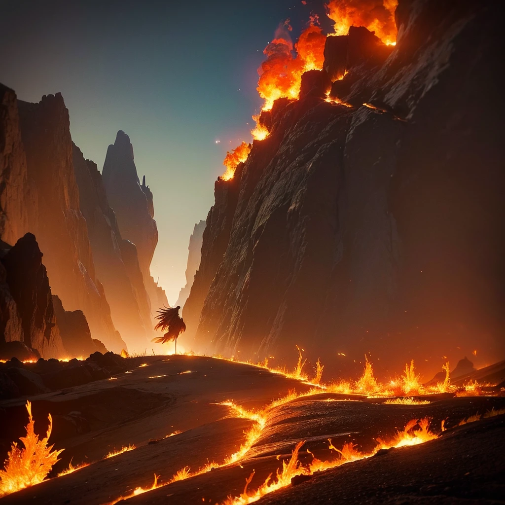 An album cover where A phoenix feather, engulfed in flames, rises from a cracked and barren landscape. In the distance, a silhouette of a city burns brightly.