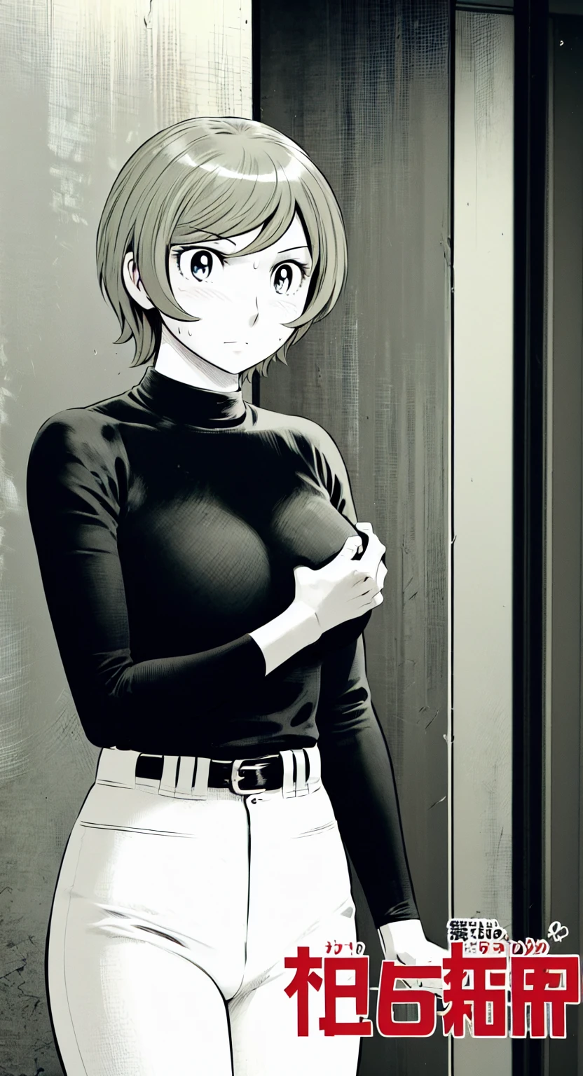 (野球uniform:1.2),
Blonde Hair, (short hair:1.2),Long sleeve, Black Shirt, turtleneck,White trousers、uniform、Black belt、((Illustration of people))、Big Boobs、
View Audience,, (Highest quality:1.3),One Girl, White pants、uniform、indoor、baseball 、White wall、blue eyes、Tight black shirt、(masterpiece、Highest quality)、Highest quality, Ultra-high resolution, (((masterpiece))), alone, Sweat、Big eyes、Big Breasts、One Girl, Front view、Embarrassed face、Bronze colored hair、((short hair))、Stand up straight、Cowboy Shot
