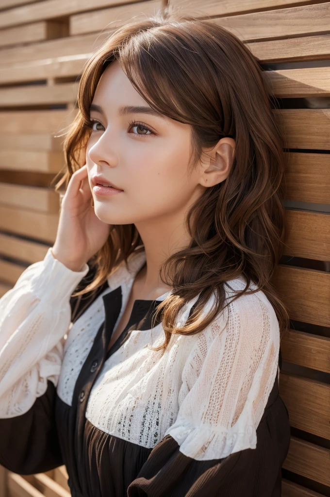 (masterpiece:1.3), (8K, Realistic, RAW Photos, Highest quality: 1.4), (One Girl), Beautiful Face, (Realistic Face), (Brown Hair, Short hair with loose waves:1.3), Beautiful Hairstyles, Realistic eyes, Beautiful details, (Realistic Skin,Landscape,Look away,Looking Up,Brush your hair up), Beautiful Skin, (Nice dress,Big size,Black Dress,Long sleeve), Absurd, charm, Ultra-high resolution, Ultra-realistic, Very detailed, Golden Ratio,White wooden plank wall,