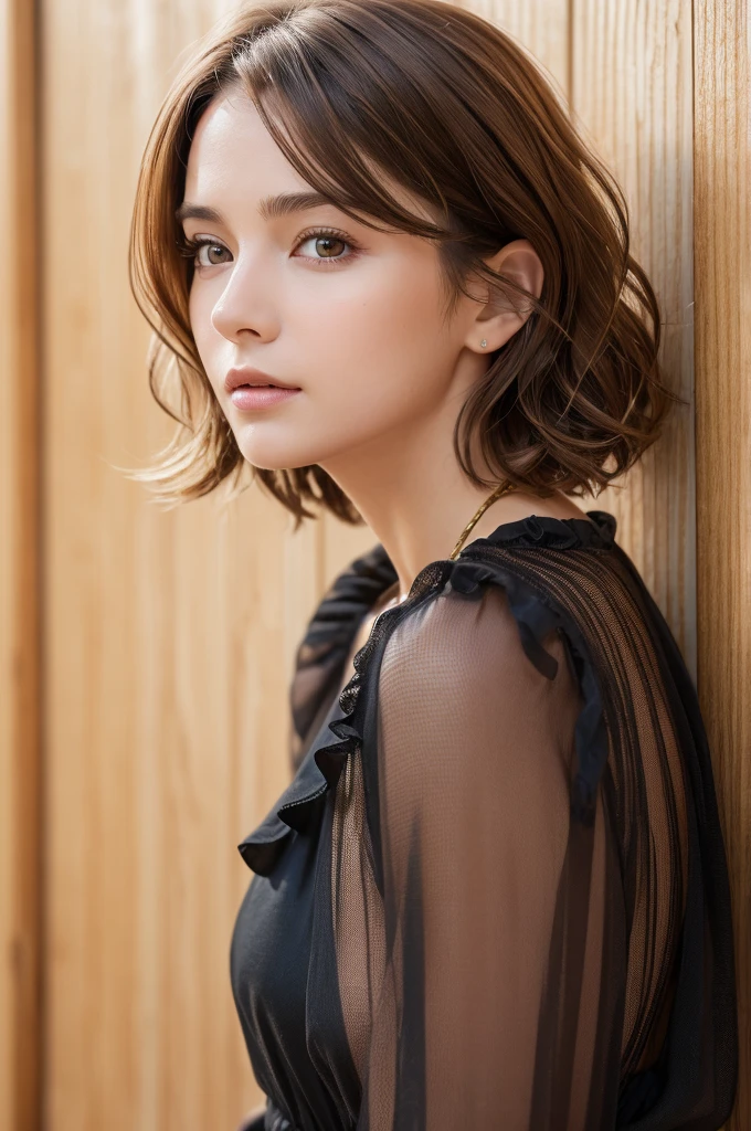 (masterpiece:1.3), (8K, Realistic, RAW Photos, Highest quality: 1.4), (One Girl), Beautiful Face, (Realistic Face), (Brown Hair, Short hair with loose waves:1.3), Beautiful Hairstyles, Realistic eyes, Beautiful details, (Realistic Skin,Landscape,Look away,Looking Up,Brush your hair up), Beautiful Skin, (Nice dress,Big size,Black Dress,Long sleeve), Absurd, charm, Ultra-high resolution, Ultra-realistic, Very detailed, Golden Ratio,White wooden plank wall,