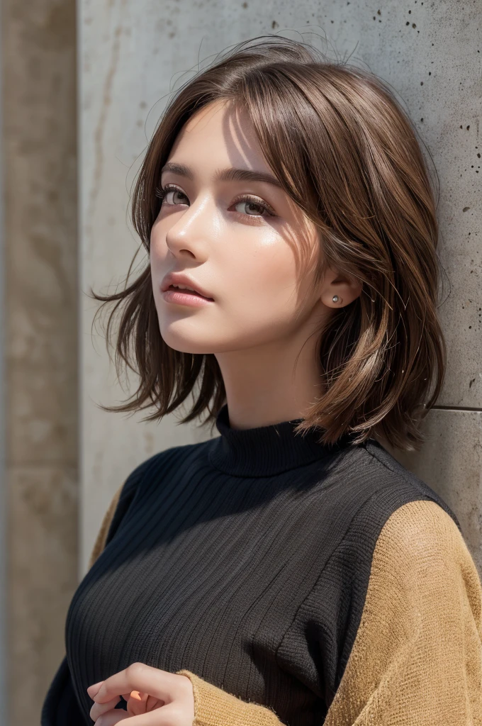 (masterpiece:1.3), (8K, Realistic, RAW Photos, Highest quality: 1.4), (One Girl), Beautiful Face, (Realistic Face), (Brown Hair, Short hair with loose waves:1.3), Beautiful Hairstyles, Realistic eyes, Beautiful details, (Realistic Skin,Landscape,Look away,Looking Up,Brush your hair up), Beautiful Skin, (Nice dress,Big size,Black Dress,Long sleeve), Absurd, charm, Ultra-high resolution, Ultra-realistic, Very detailed, Golden Ratio,Concrete wall,