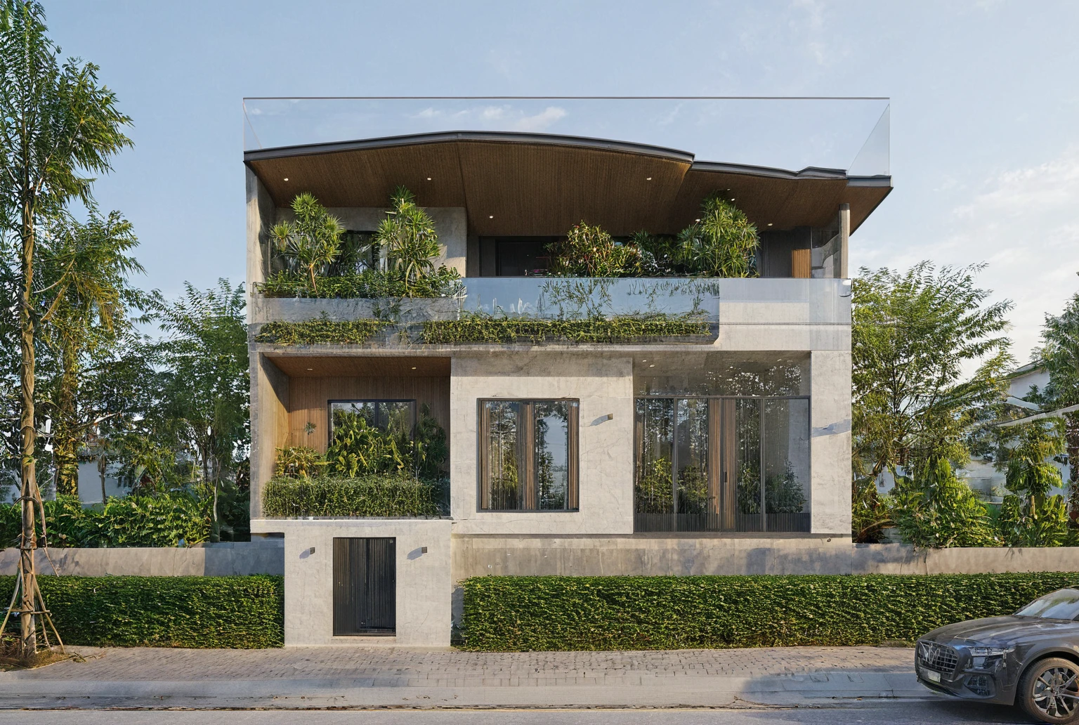 Raw photo,Masterpiece, high quality, best quality, authentic, super detail,
exterior, outdoors, house style modern on the street, glass windows, gate,
road,House on the corner of the street, pavement, trees, sky, cloud, (daylight:1.1)