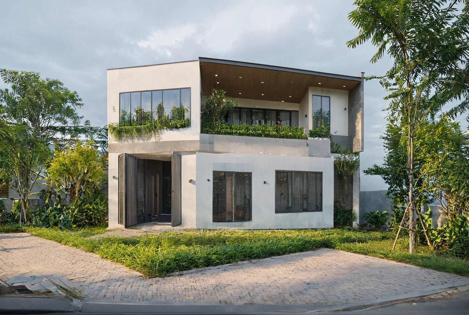 Raw photo,Masterpiece, high quality, best quality, authentic, super detail,
exterior, outdoors, house style modern on the street, glass windows, gate,
road,House on the corner of the street, pavement, trees, sky, cloud, (daylight:1.1)